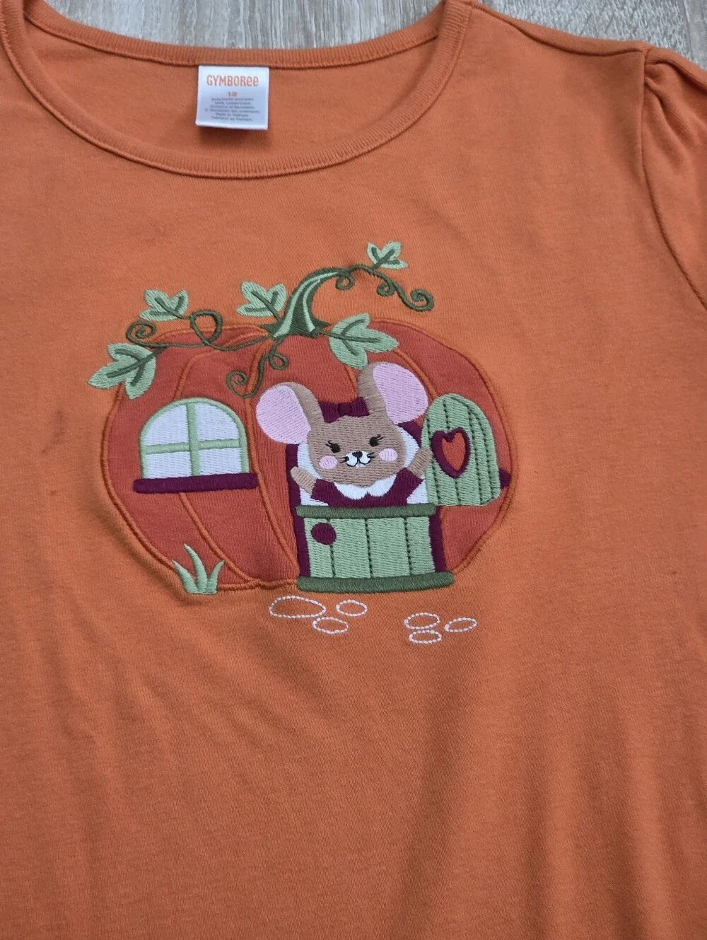 Gymboree Girls Orange Long-Sleeve Pumpkin Mouse Applique Tee Size 12
